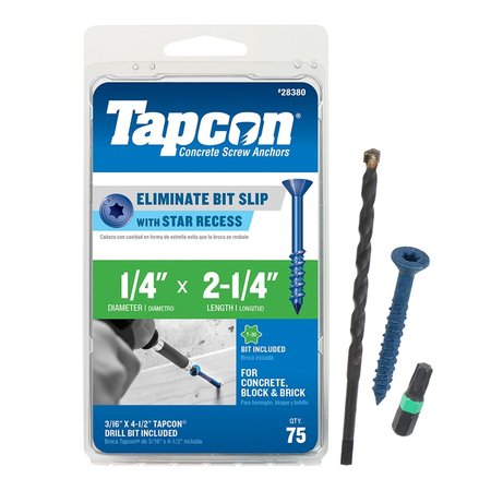 TAPCON Tapcon Concrete Screw, 1/4" Dia., Flat, 2 1/4 in L, Climaseal Coated, 75 PK 28380